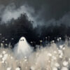 A small ghost with black eyes stands in a field of white flowers under a dark, cloudy sky, evoking the eerie charm of a vintage poster perfect for Halloween. A1 to A4 poster print.
