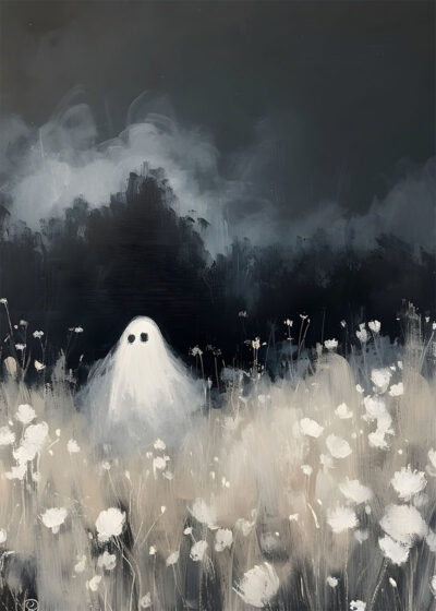 A small ghost with black eyes stands in a field of white flowers under a dark, cloudy sky, evoking the eerie charm of a vintage poster perfect for Halloween. A1 to A4 poster print.