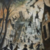 Stylized illustration in the style of a vintage poster, depicting people in dark clothing floating and walking through a surreal, crooked town with tilted buildings and leafless trees under a cloudy, Halloween sky. A1 to A4 poster print.