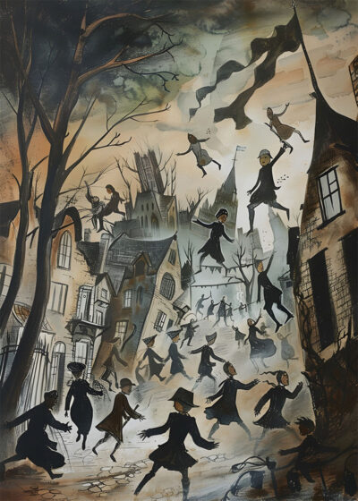 Stylized illustration in the style of a vintage poster, depicting people in dark clothing floating and walking through a surreal, crooked town with tilted buildings and leafless trees under a cloudy, Halloween sky. A1 to A4 poster print.
