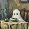A cartoon ghost sits at a table with two cups of steaming tea in an old-fashioned, dimly lit room, creating the perfect scene for a vintage Halloween poster. A1 to A4 poster print.