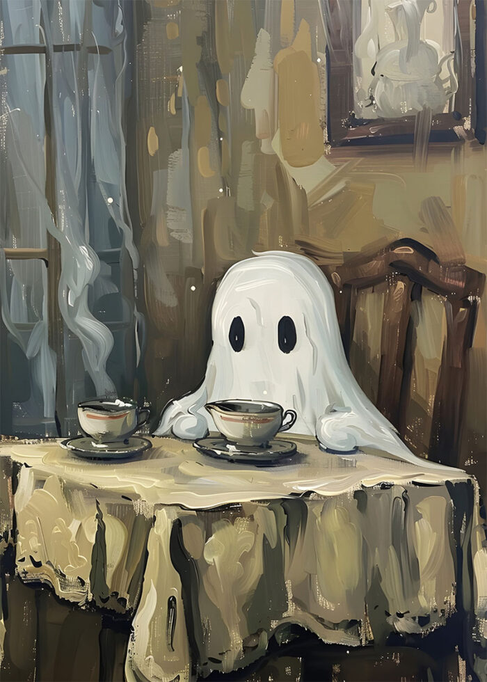 halloween - 260 A cartoon ghost sits at a table with two cups of steaming tea in an old-fashioned, dimly lit room, creating the perfect scene for a vintage Halloween poster. A1 to A4 poster print.