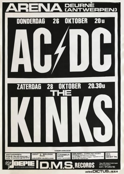 Black and white concert poster featuring AC/DC on October 26 and The Kinks on October 28 at Arena Deurne in Antwerp, showcasing event details and ticket information. Poster prints available in A1 to A4 sizes.