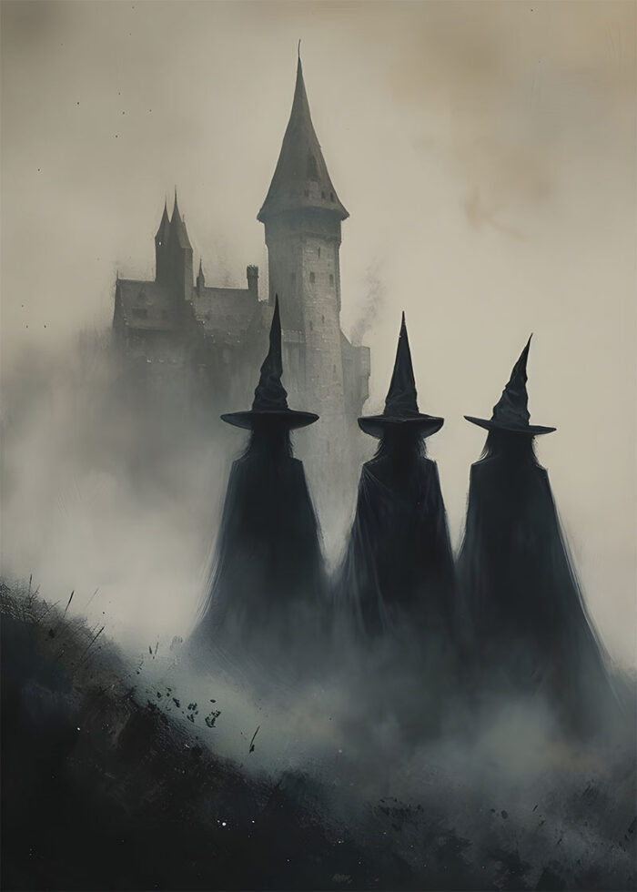 halloween - 260 Three witches in pointed hats stand in fog, facing a tall, gothic castle in the background. The scene is dark and atmospheric, evoking classic Halloween vibes with the eerie charm of a vintage poster. A1 to A4 poster print.