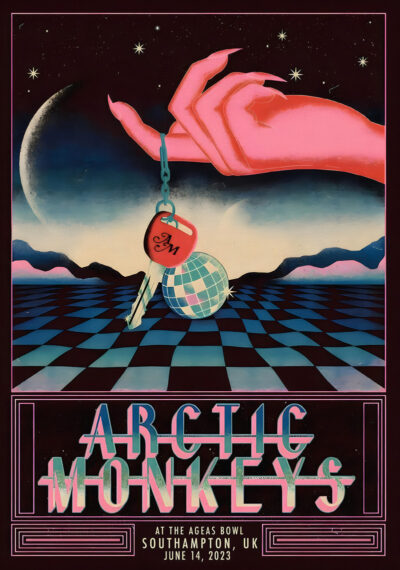 A stylized poster shows a pink hand holding keys with a heart and disco ball charm over a checkered floor. Text reads: Arctic Monkeys live in Southampton, UK at Ageas Bowl, June 14, 2023. Poster prints available in A1 to A4 sizes.