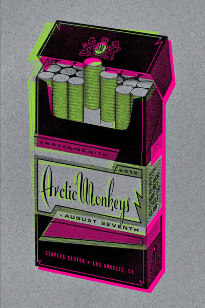 A stylized open cigarette pack with Arctic Monkeys and August Seventh on it, promoting their Los Angeles concert at Staples Centre in neon pink and green colours. Poster prints available in A1 to A4 sizes.