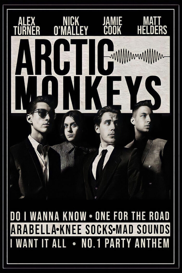 product-image Four men in suits stand side by side beneath the text Arctic Monkeys and song titles like No.1 Party Anthem, with their names listed above. Poster prints available in A1 to A4 sizes.