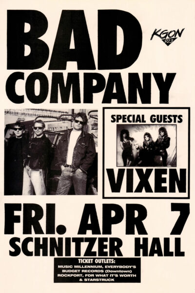 Black and white concert poster for Bad Company with special guests Vixen, scheduled for Friday, April 7 at Schnitzer Hall. Ticket outlet information is listed below. Poster prints available in A1 to A4 sizes.