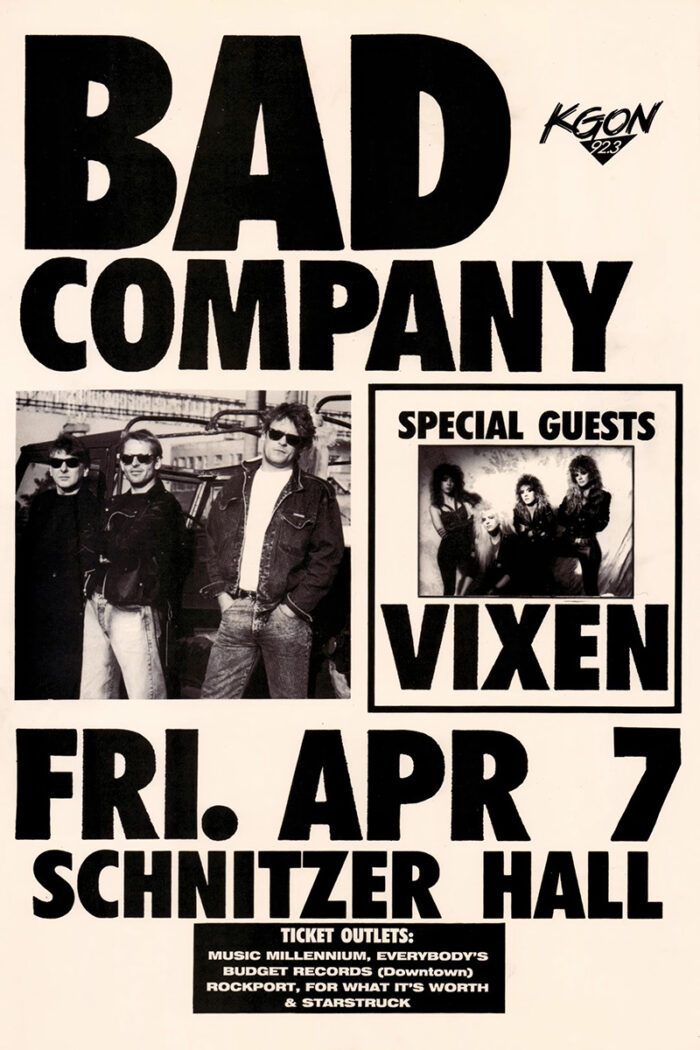 product-image Black and white concert poster for Bad Company with special guests Vixen, scheduled for Friday, April 7 at Schnitzer Hall. Ticket outlet information is listed below. Poster prints available in A1 to A4 sizes.