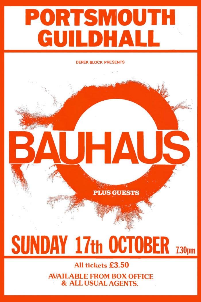 product-image Promotional poster for a Bauhaus concert at Portsmouth Guildhall on 17 October, Sunday, 7:30pm. Tickets are £3.50. Poster prints available in A1 to A4 sizes.