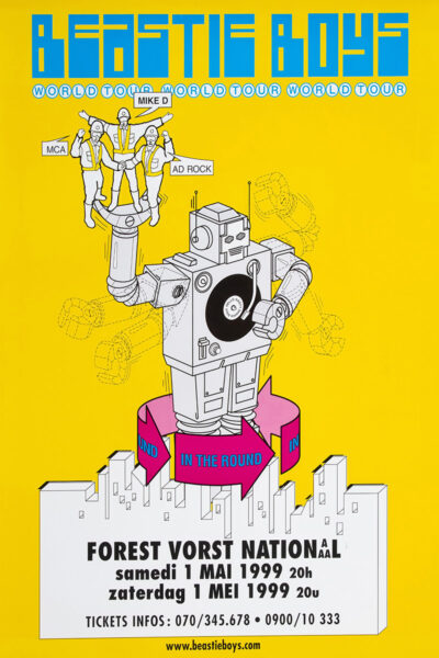 Colourful poster for Beastie Boys’ 1999 World Tour, featuring a large robot holding the three band members above a stylized cityscape, with event details and Forest Vorst National listed below. Poster prints available in A1 to A4 sizes.