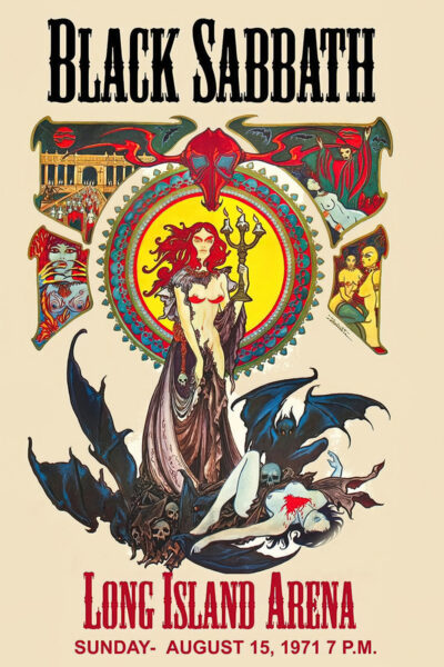 Vintage Black Sabbath concert poster from 1971 at Long Island Arena, featuring gothic artwork with a red-haired woman, bats, and various mystical illustrations. Poster prints available in A1 to A4 sizes.