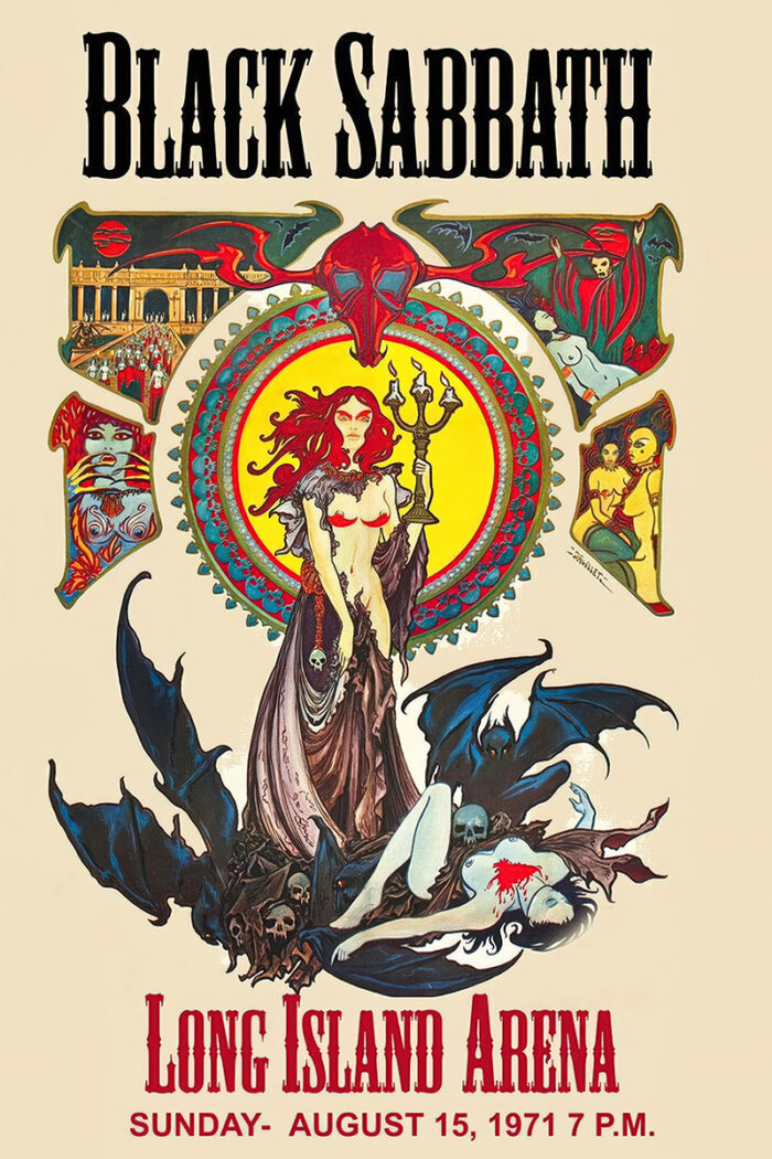 Vintage Black Sabbath concert poster from 1971 at Long Island Arena, featuring gothic artwork with a red-haired woman, bats, and various mystical illustrations. Poster prints available in A1 to A4 sizes.