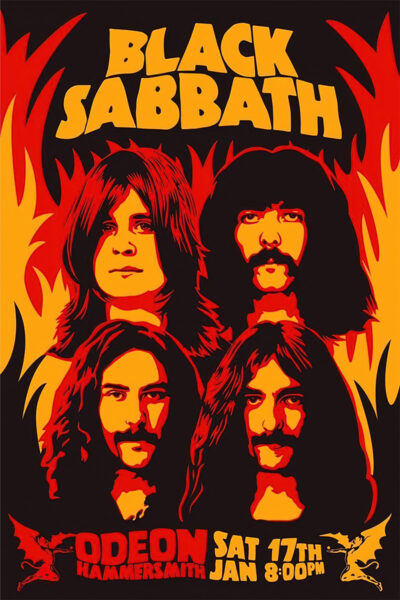 A vintage-style poster featuring the four members of Black Sabbath with bold yellow and red flames, advertising their concert at Hammersmith Odeon on 17 Jan, Saturday at 8:00 PM. Poster prints available in A1 to A4 sizes.