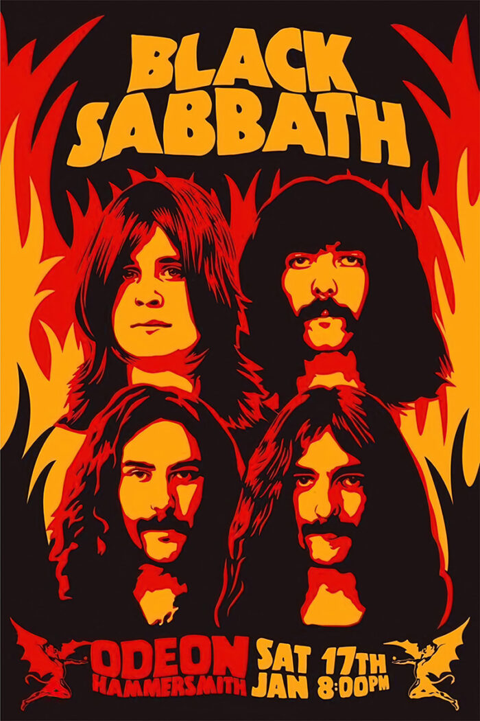 product-image A vintage-style poster featuring the four members of Black Sabbath with bold yellow and red flames, advertising their concert at Hammersmith Odeon on 17 Jan, Saturday at 8:00 PM. Poster prints available in A1 to A4 sizes.