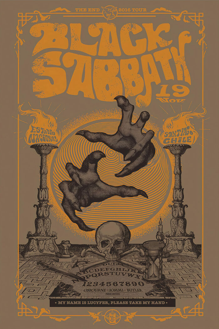 Brown and orange concert poster for Black Sabbath’s The End Tour, featuring surreal hands, candles, and a skull, with event details for Santiago Chile and Estadio Nacional. Poster prints available in A1 to A4 sizes.