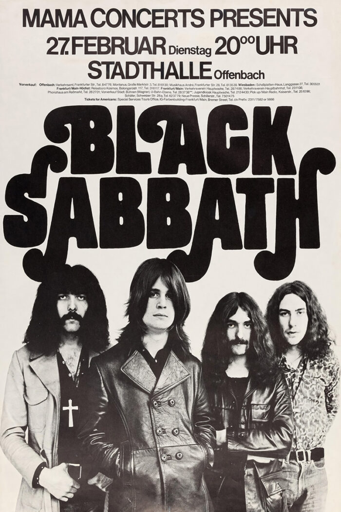 product-image Black and white concert poster featuring Black Sabbath, presented by Mama Concerts, with event details for February 27 at Stadthalle Offenbach, plus a photo of the four band members. Poster prints available in A1 to A4 sizes.