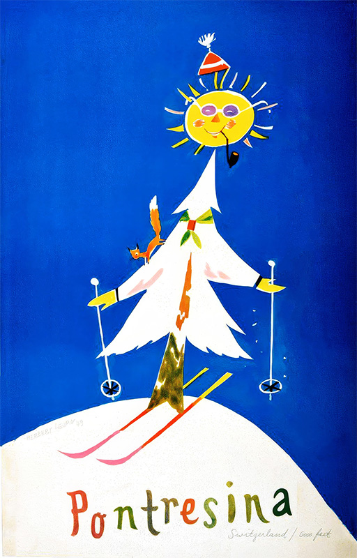 product-image A stylized skiing Christmas tree with a sun face on top glides down a snowy hill, capturing the charm of a classic Switzerland travel poster, with Pontresina and Switzerland written at the bottom on a blue background. Poster print available in A1 to A4 sizes.