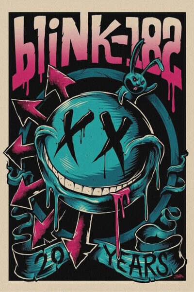 Poster features Blink-182 with a large blue face, X-ed out eyes, dripping mouth, arrows, a rabbit, and bold text reading 20 Years—celebrating the Blink 182 anniversary with vibrant, stylized artwork. Poster prints available in A1 to A4 sizes.