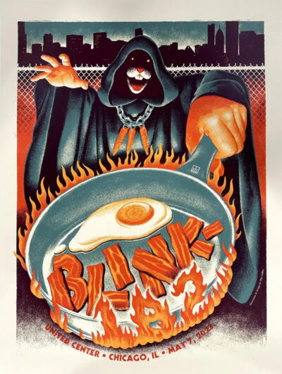 Illustrated grim reaper cooking an egg in a frying pan with Blink 182 written in the yolk; United Centre, Chicago Illinois, May 4, 2023, shown at the bottom. Poster prints available in A1 to A4 sizes.