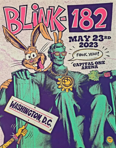 Colourful illustrated poster for Blink-182’s May 23, 2023 concert at Capital One Arena, Washington D.C., featuring a cartoon bunny and a playful Statue of Lincoln with punk accessories. Poster prints available in A1 to A4 sizes.