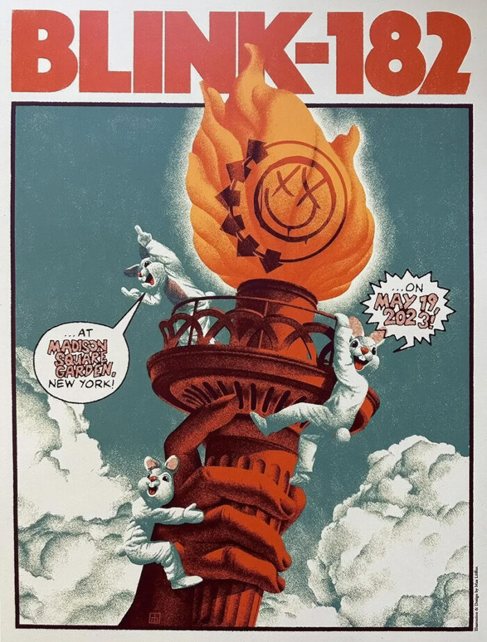 Poster for Blink-182’s New York concert at Madison Square Garden on May 19, 2023, featuring people in bunny suits climbing the Statue of Libertys torch with the bands logo on the flame. Poster prints available in A1 to A4 sizes.