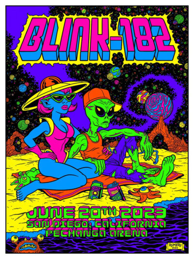 Psychedelic poster of two aliens relaxing on a colourful planet, advertising a Blink 182 concert at Pechanga Arena in San Diego, California on June 20th, 2023. Poster prints available in A1 to A4 sizes.
