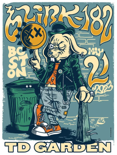Illustrated poster for Blink-182 at TD Garden, Boston, May 21, 2023, featuring an anthropomorphic dog in punk attire holding a bat and basketball. Celebrate Blink-182’s high-energy show in Boston with this vibrant design!. Poster prints available in A1 to A4 sizes.