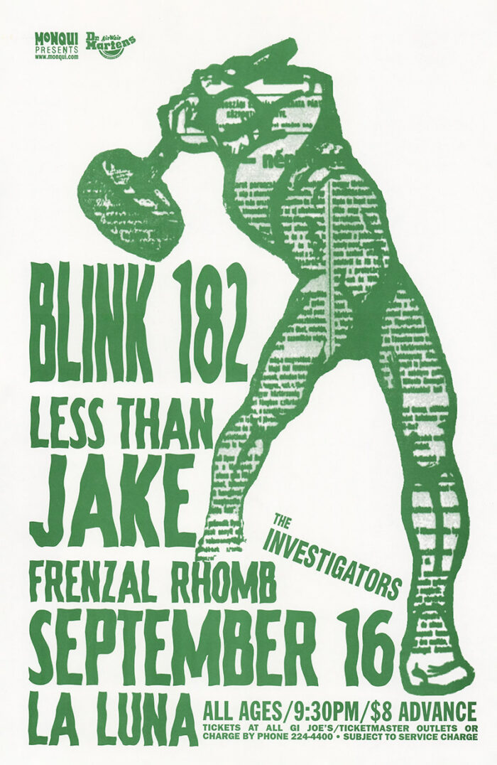 product-image Green text announces a Blink 182 concert with Less Than Jake, Frenzal Rhomb, and The Investigators on September 16 at La Luna, set over an illustration of a person holding a rock. Poster prints available in A1 to A4 sizes.