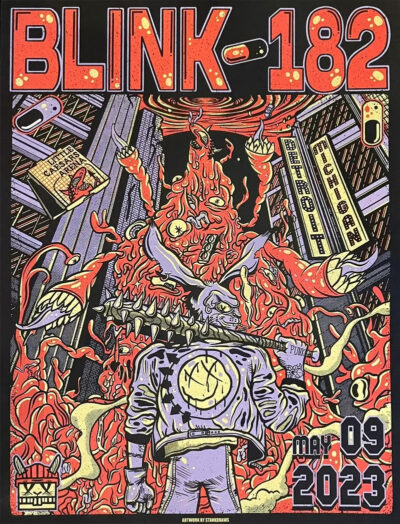 product-image A stylized concert poster for Blink-182 shows a mutant figure facing a fiery monster in a cityscape, with “Little Caesars Arena, Detroit Michigan” and the date “May 09, 2023” featured in the text. Poster prints available in A1 to A4 sizes.