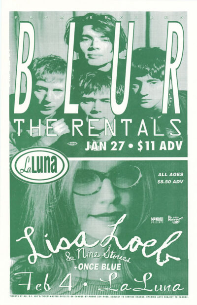 Green-tinted concert poster for Blur with special guests The Rentals on Jan 27 and Lisa Loeb on Feb 4 at La Luna, featuring band member photos and event details. Poster prints available in A1 to A4 sizes.