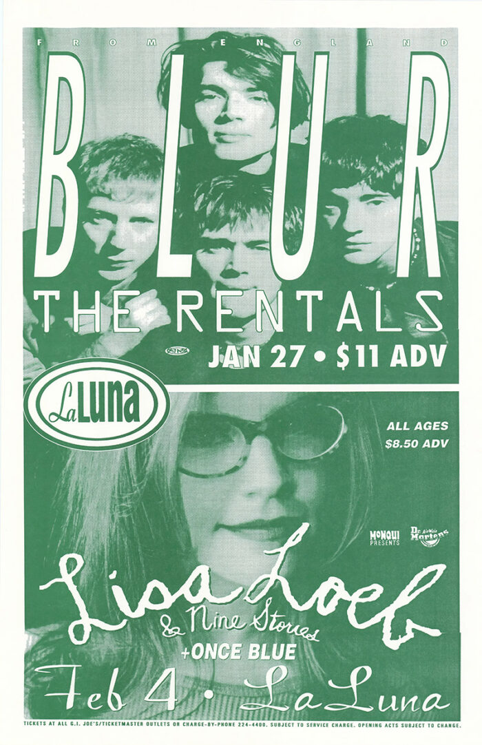 product-image Green-tinted concert poster for Blur with special guests The Rentals on Jan 27 and Lisa Loeb on Feb 4 at La Luna, featuring band member photos and event details. Poster prints available in A1 to A4 sizes.