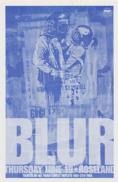 A blue-toned concert poster for Blur’s show at Roseland on Thursday, June 19, featuring masked figures and ticket information at the bottom. Poster prints available in A1 to A4 sizes.