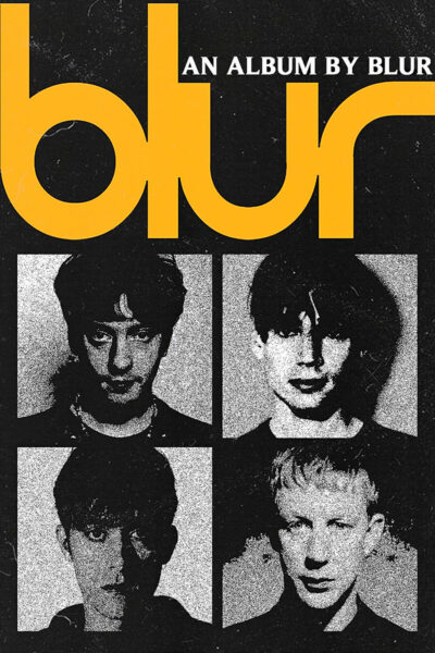 Cover of the Blur Album features the Blur band’s name in large orange letters above four black-and-white portrait photos of the members arranged in a grid. Poster prints available in A1 to A4 sizes.