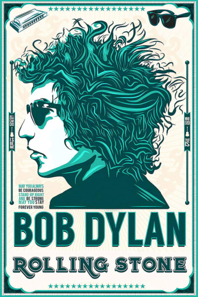 Stylized illustration of Bob Dylan in profile with wild hair, wearing sunglasses, and the text BOB DYLAN ROLLING STONE below his image—a tribute to the legendary Rolling Stone icon. Poster prints available in A1 to A4 sizes.
