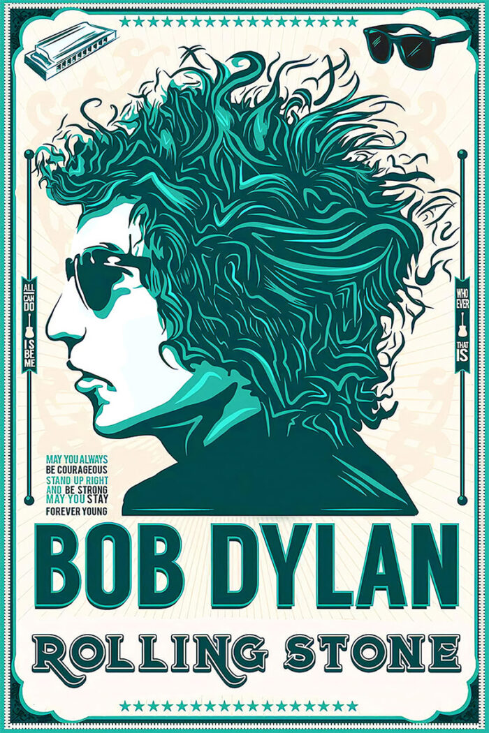 product-image Stylized illustration of Bob Dylan in profile with wild hair, wearing sunglasses, and the text BOB DYLAN ROLLING STONE below his image—a tribute to the legendary Rolling Stone icon. Poster prints available in A1 to A4 sizes.