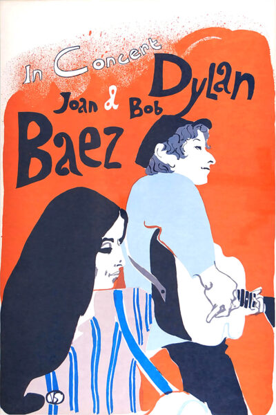 Poster featuring illustrated portraits of Joan Baez and Bob Dylan in concert; Baez is in the foreground, with Dylan playing guitar in the background, set against a vibrant orange backdrop. Poster prints available in A1 to A4 sizes.