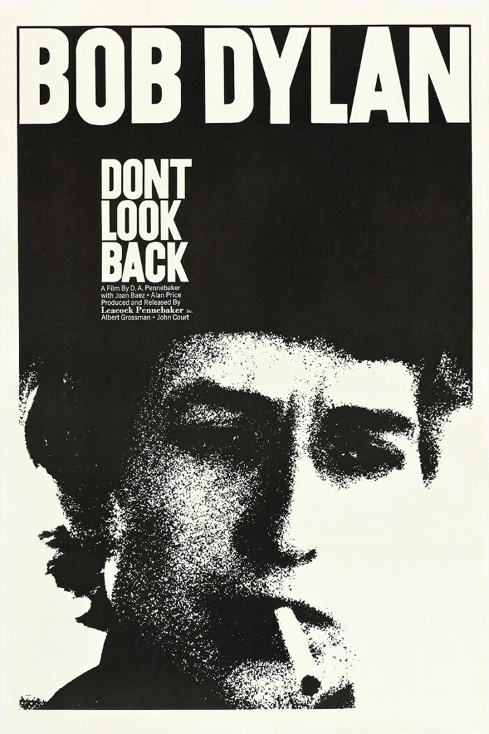 product-image Black-and-white poster for the 1967 film Dont Look Back featuring a close-up of Bob Dylan’s face, with text in bold letters at the top and left side. Poster prints available in A1 to A4 sizes.