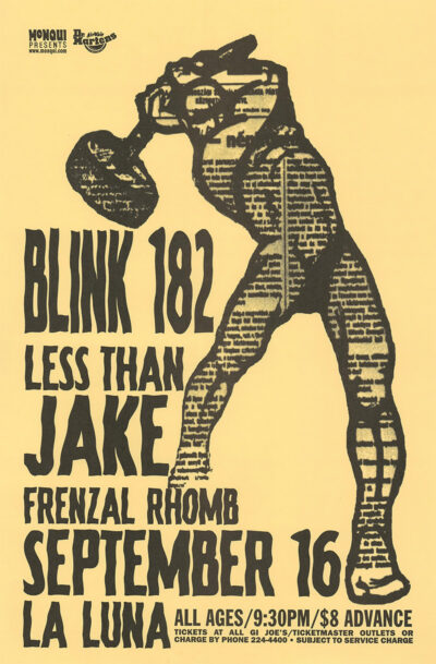 Yellow concert poster for Blink 182, Less Than Jake, and Frenzal Rhomb on September 16 at La Luna, featuring a stylized figure lifting a kettlebell. Poster prints available in A1 to A4 sizes.