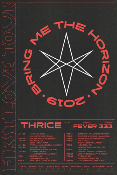 Concert poster for Bring Me The Horizon’s 2019 First Love Tour with Thrice and Fever 333; features tour dates, locations, and a large star graphic in the centre. Poster prints available in A1 to A4 sizes.