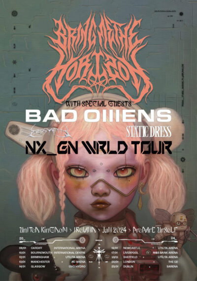 Concert poster for Bring Me The Horizon’s NX_GN WRLD TOUR featuring special guests Bad Omens, Static Dress, and Cassyette, with a stylized illustration of a girl and tour dates listed below. Poster prints available in A1 to A4 sizes.