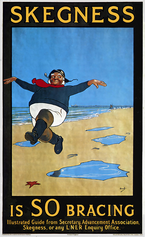 product-image A vibrant Travel Poster shows a man in winter clothing joyfully running along a windy Skegness beach, with “Skegness is SO bracing” boldly displayed above and below the lively HUSSALL illustration. Poster print available in A1 to A4 sizes.