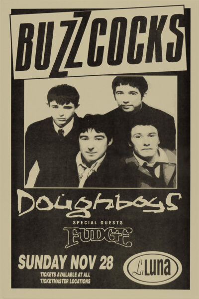 Concert poster featuring a black-and-white photo of four men, promoting Buzzcocks with guests Doughboys at La Luna on Sunday, November 28. Poster prints available in A1 to A4 sizes.