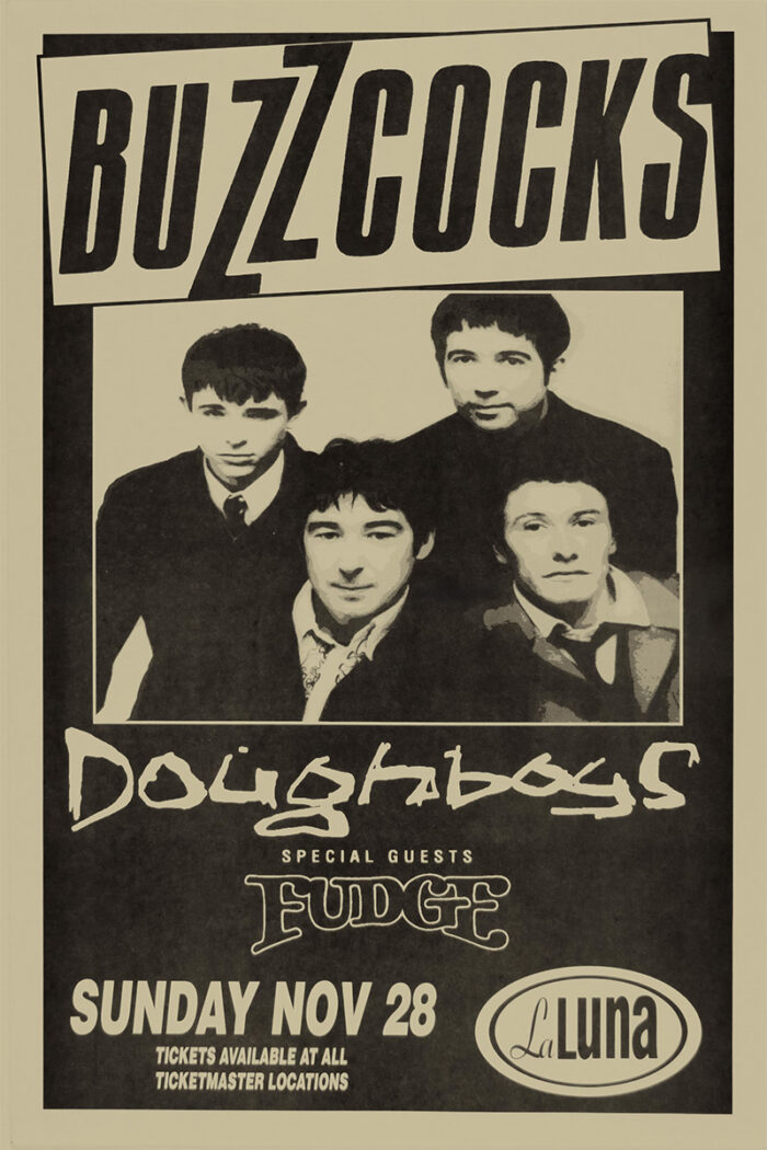 Concert poster featuring a black-and-white photo of four men, promoting Buzzcocks with guests Doughboys at La Luna on Sunday, November 28. Poster prints available in A1 to A4 sizes.