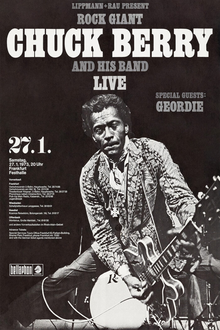 product-image Black and white concert poster featuring Chuck Berry playing guitar, promoting a live show with his band and special guests Geordie in Frankfurt 1973 on January 27. Poster prints available in A1 to A4 sizes.