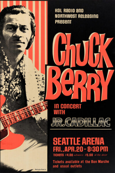 Concert poster featuring Chuck Berry holding a guitar, promoting his concert with Jr. Cadillac at Seattle Arena on Friday, April 20 at 8:30 PM. Poster prints available in A1 to A4 sizes.