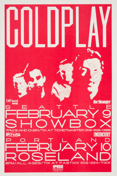 Poster for Coldplay concerts in Seattle on February 9 at Showbox and Portland on February 10 at Roseland, featuring band member silhouettes and event details. Poster prints available in A1 to A4 sizes.