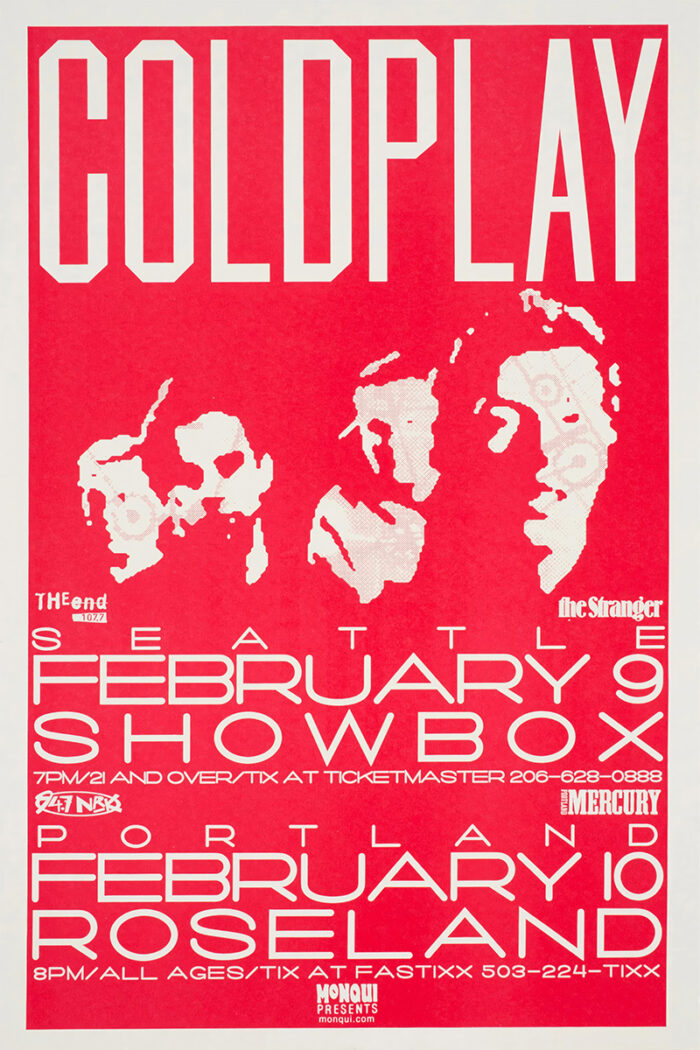 product-image Poster for Coldplay concerts in Seattle on February 9 at Showbox and Portland on February 10 at Roseland, featuring band member silhouettes and event details. Poster prints available in A1 to A4 sizes.