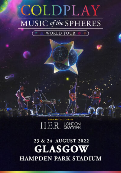Coldplay dazzles under cosmic visuals at Hampden Park Stadium, captivating Glasgow fans during their Music of the Spheres World Tour on August 23 and 24, 2022. Poster prints available in A1 to A4 sizes.