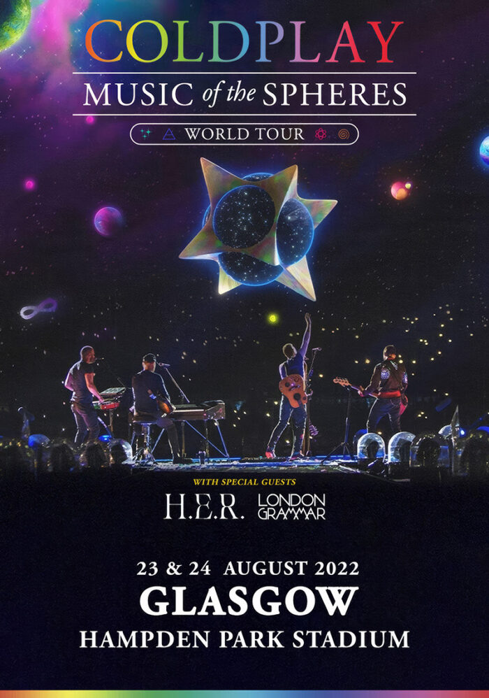 product-image Coldplay dazzles under cosmic visuals at Hampden Park Stadium, captivating Glasgow fans during their Music of the Spheres World Tour on August 23 and 24, 2022. Poster prints available in A1 to A4 sizes.